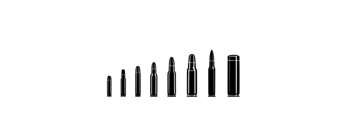 Bullets and Shell Casings Arranged in a Row Featuring Ammunition, Firearms, Weapons with Military and Gun Elements for Rifle
