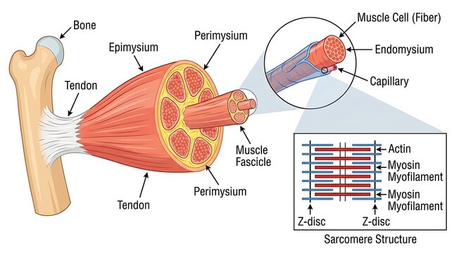 Anatomical structure of skeletal muscle fascicle tendon and sarcomere detail