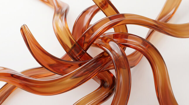 Abstract composition of flowing ambercolored glass ribbons or tubes, creating a dynamic, intertwined, and organic sculptural form with smooth curves isolated on white background