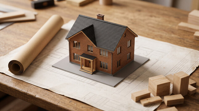 Architectural model of a house on blueprints. Miniature building project. Real estate development plan.