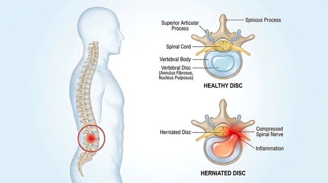 Medical illustration comparing healthy spinal disc and herniated lumbar disc