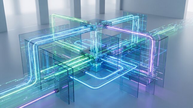 Abstract futuristic glowing network of pipes and tubes with blue and green light.