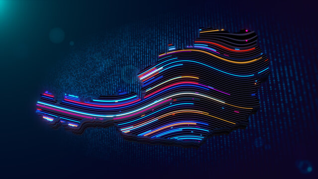 Abstract 3D extruded Austria map formed by luminous neon contour lines over a futuristic particle grid with glowing lights, depth of field, and colorful digital texture.