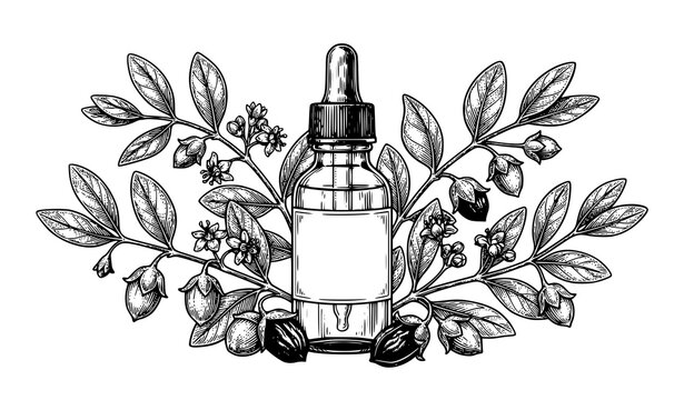 Hand Drawn Jojoba Oil Botanical Vector Illustration EPS