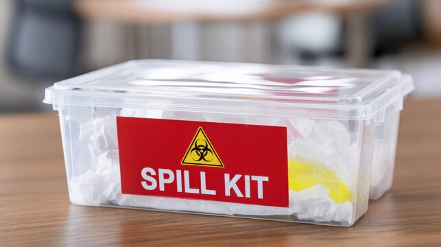 Clear plastic spill kit box with biohazard warning label on wooden table. Ideal for safety and hazardous.