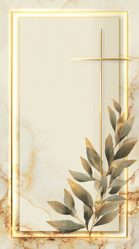 Frame with a cross and ornate religious frames and ethnic decorative leaves. Perfect for Easter cards, Christmas cards, and baptism cards..