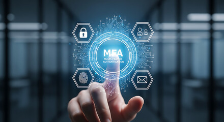 Fototapeta premium A business professional interacting with a digital interface showing Multi-Factor Authentication security icons.