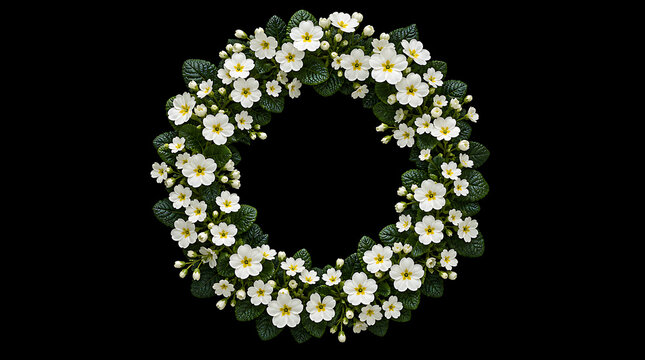 Circular wreath of small white primrose flowers and green leaves isolated on black