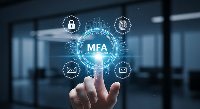 A hand interacting with a digital interface representing multi-factor authentication for secure business data access.