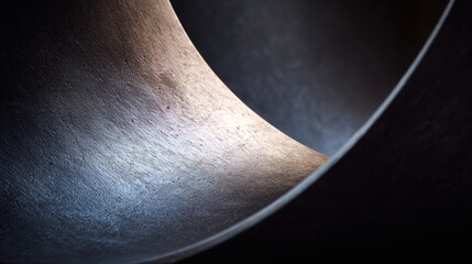Fototapeta premium Abstract metallic texture inside a curved metal pipe with dramatic lighting.