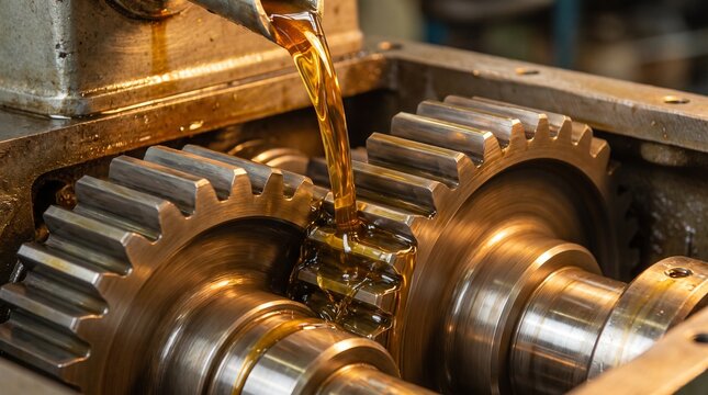 Close-up of industrial gears being lubricated with oil in a factory setting.