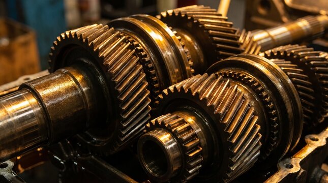 Close-up of intricate metal gears and shafts in a mechanical system.