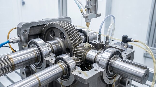 Automated Industrial Gearbox Assembly Machine Close Up.
