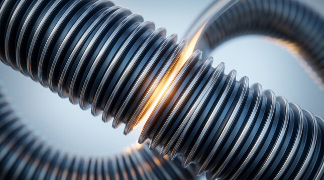 Abstract closeup of a flexible metallic industrial hose or corrugated pipe with a glowing light effect between the coils, hightech engineering concept