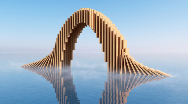 Abstract architectural structure made of wooden planks forming a curved arch shape rising from a calm, misty water surface under a clear blue sky, 3d render