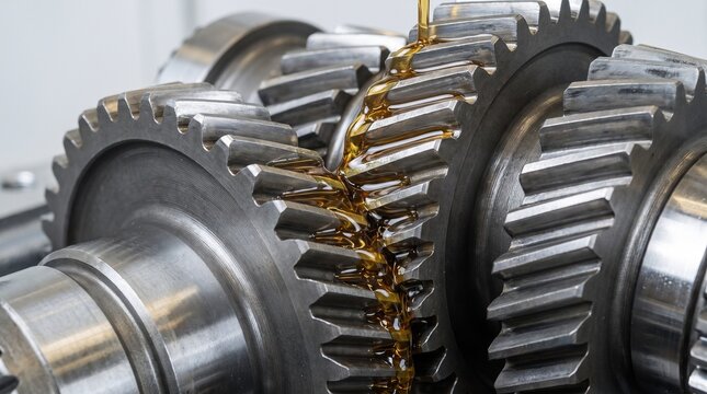 Close up of metal gears being lubricated with oil.