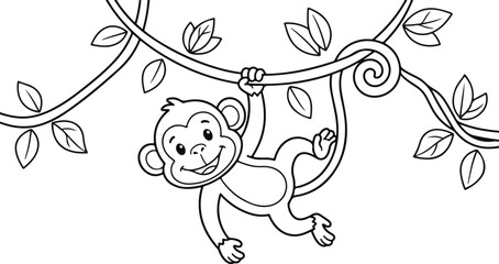 Cartoon monkey hanging happily on a branch with leaves Vector © MdRahmat