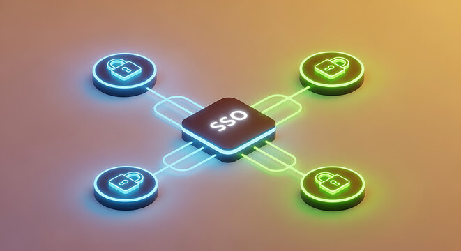 Single sign on authentication concept with glowing digital locks and network connections.