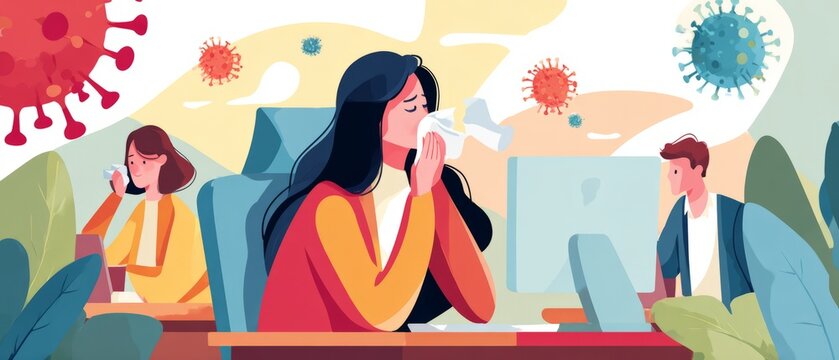 Sick Woman Coughing at Office Desk Surrounded by Virus Icons