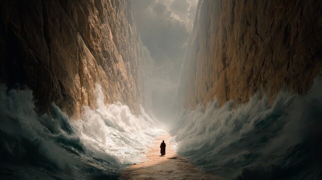 Moses parting the Red Sea in epic biblical scene
