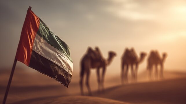 UAE flag in desert with camels at sunset