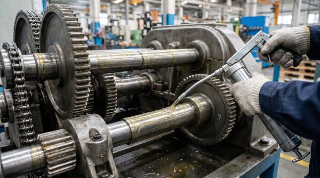 Mechanic working on industrial machinery with gears and tools.