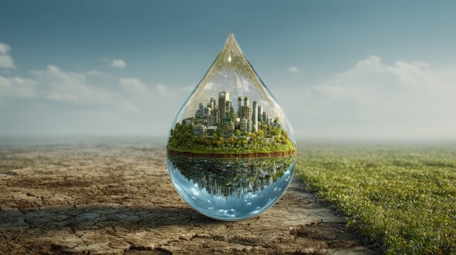 Futuristic city inside water droplet concept