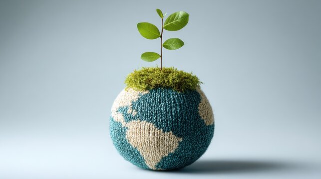Knitted earth globe with a green plant growing on top against a solid background. Sustainability concept.