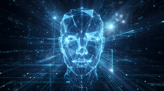 Futuristic Digital Human Face Representation Constructed from Geometric Data Nodes and Network Connections for Advanced Artificial Intelligence Systems
