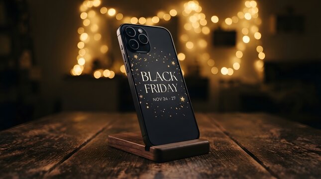 Smartphone displaying black friday sale text on screen with festive golden fairy lights background bokeh