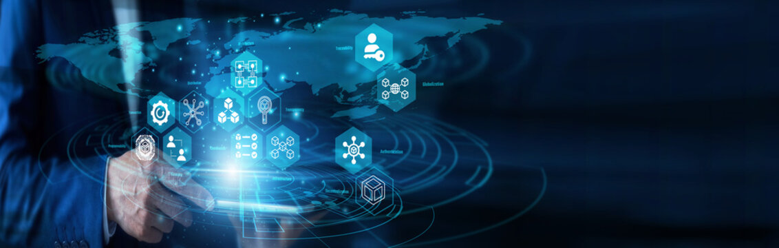 Crypto developer working on tablet and touch screen for Blockchain ledger technology. Financial engineer using digital device verifying secure decentralized transaction data logs. Cyber asset.
