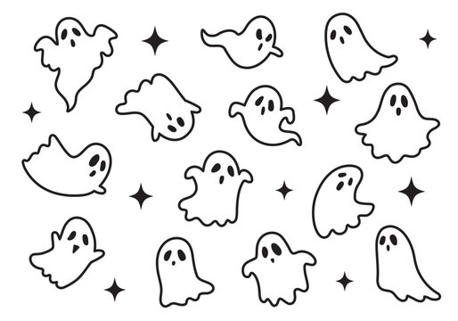 Cute flying sheet ghosts and simple ghost line art drawings vector illustration set. Minimalist black and white Halloween ghost outlines in various poses.