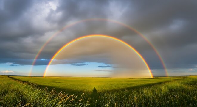 Vibrant double rainbow arching over a lush green meadow under a dramatic stormy sky