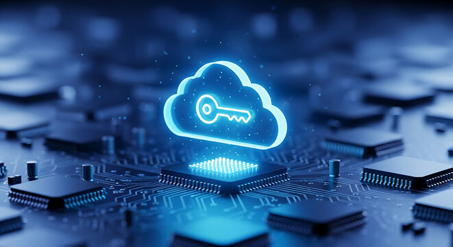 Glowing digital cloud icon with a key symbol representing secure cloud computing and data encryption technology.