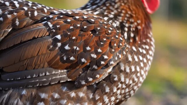 Close up of speckled brown and white chicken feathers in natural light