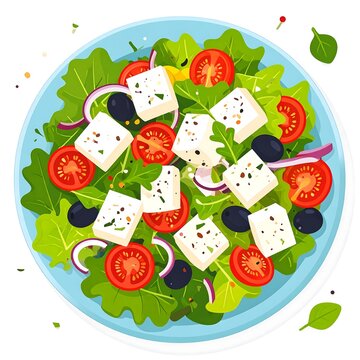 A vibrant flat illustration depicts a fresh Greek salad served on a light blue plate.