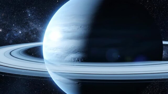 A gaseous rings planet navigates through the vast darkness of a starry galaxy while light reflects off the celestial body surface during a cosmic journey across the deep endless expansive