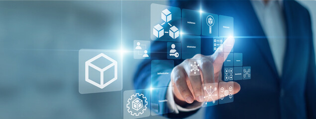 Fototapeta premium Financial analyst hand touch virtual screen verifying Blockchain ledger transaction blocks. Securing Blockchain networks to build trust and transparent digital decentralized asset management.
