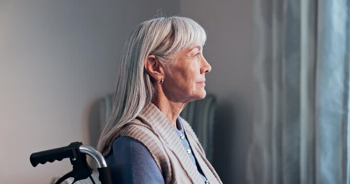Thinking, insight or old woman at window with wheelchair, daydream or nostalgia in calm mindset. Reflection, wonder or senior person with disability, flashback or peaceful perspective in house.