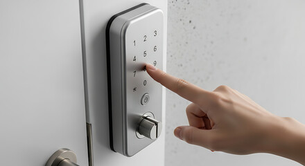 Naklejka premium Close-up of a person's hand entering a code on a modern digital keypad door lock.