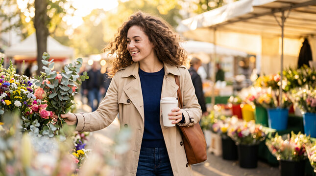 Young woman shopping at flower market on sunny day with smile