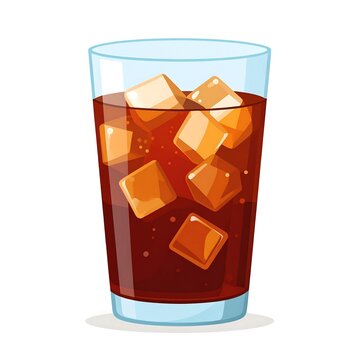 A tall glass filled with dark iced tea and square ice cubes sits against a white.