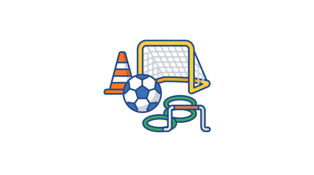 Soccer equipment icons including goal ball and training cones.