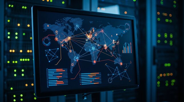 Global Network Data Visualization on Computer Screen in Server Room.