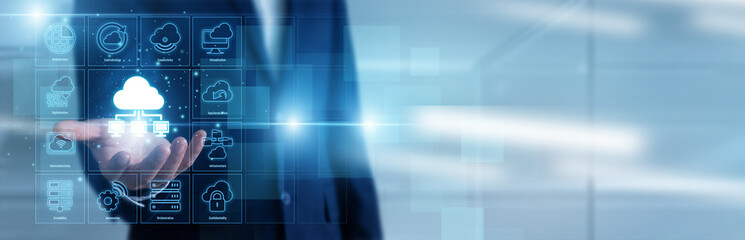 Fototapeta premium Systems Architect manages Cloud Computing. Expert provisioning scalable virtual storage and processing power, enabling businesses to host applications remotely and reduce infrastructure costs always.