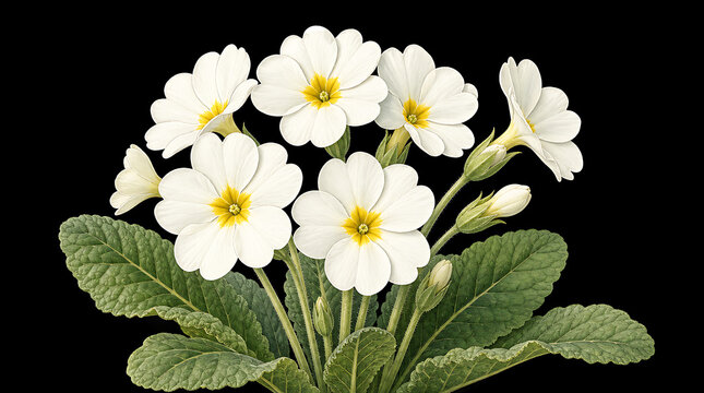 Cluster of white primrose flowers with yellow centers and green leaves isolated on black