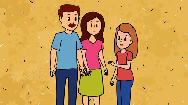 2D animation of a happy family portrait father mother and daughter standing together yellow background