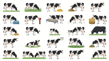 Fototapeta premium Collection of cartoon cows in various poses and activities.
