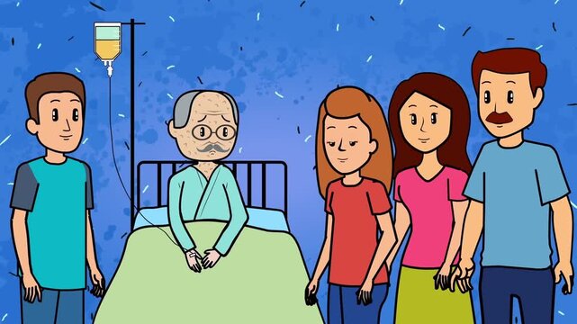 2D animation of a family visiting a sick elderly grandfather patient in a hospital bed healthcare support concept
