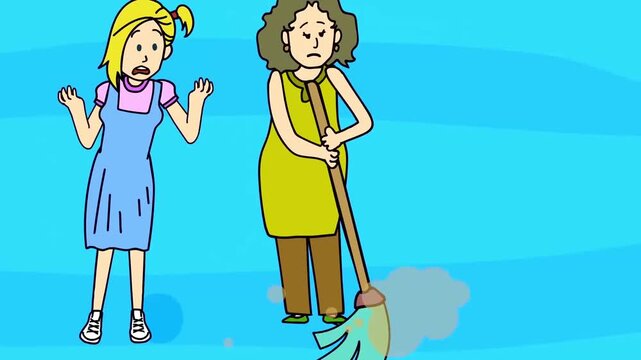 2D animation of a young girl standing and complaining to her mother mopping the floor household chores concept